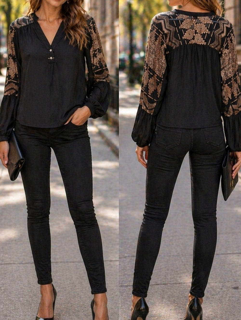 Cream Black Boho Sheer Sleeve Blouse 100% Viscose Velvet Pattern Long Sleeve